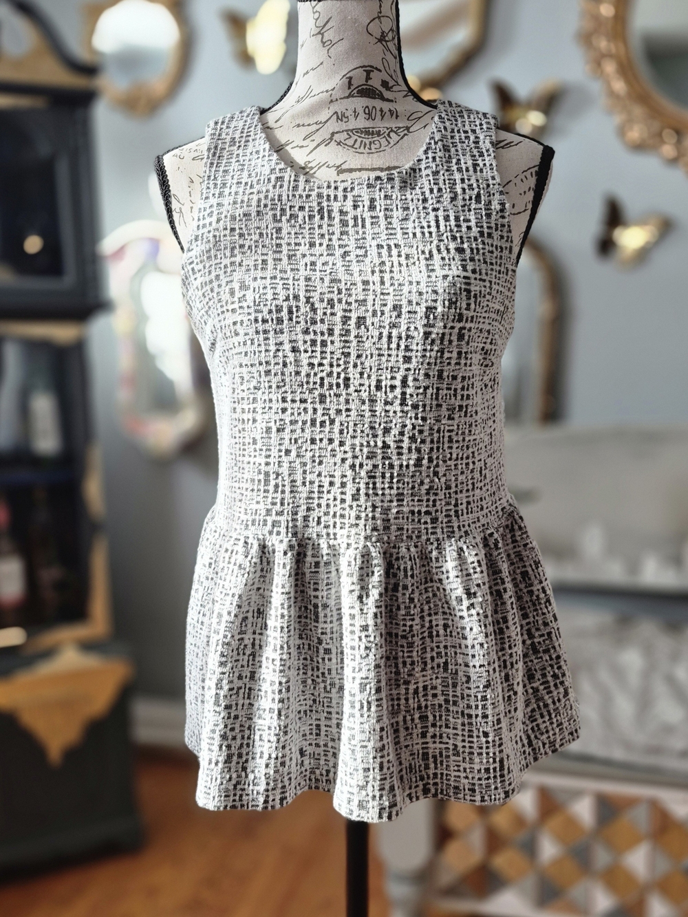 Anthropologie Amadi Textured Black & White Peplum Tank Top Small